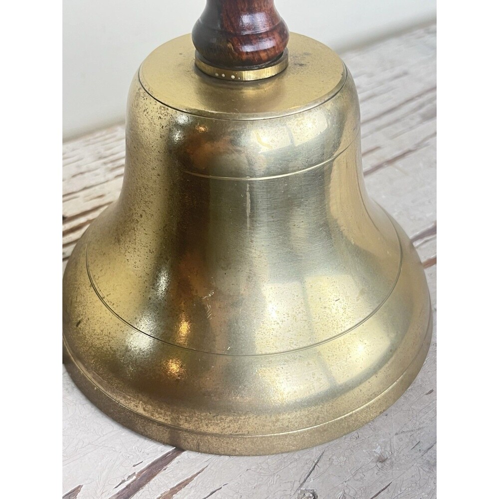 Vintage Nautical🔔Large Brass Captain’s Bell Wooden Handle Solid Brass 10” x 5”